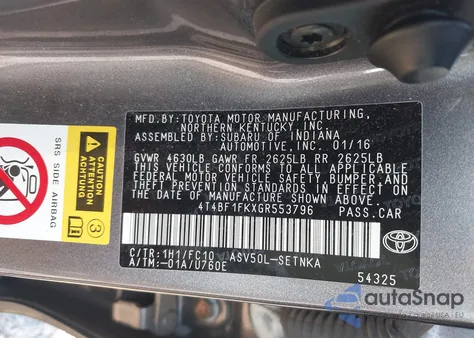 2016 Toyota Camry Le from USA, damaged, VIN 4T4BF1FKXGR553796